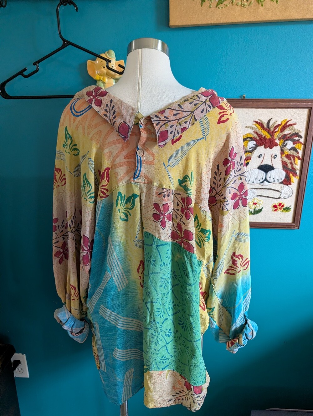 Kantha Bae Oversize Silk Button Down Shirt Boho Hippie Free Size - Picture 4 of 6